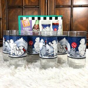 NWOT Set of 6 Vintage Coca-Cola 'Cubs and Seal' Decorated 16oz Glasses Set